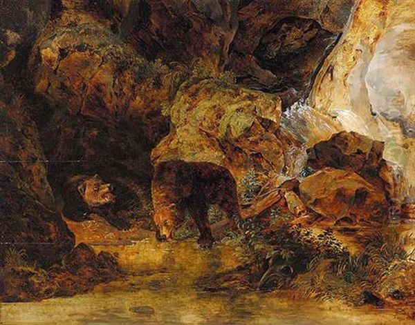 Zwei Baren An Einer Quelle (two Bears By A Spring) Oil Painting by Friedrich Gauermann