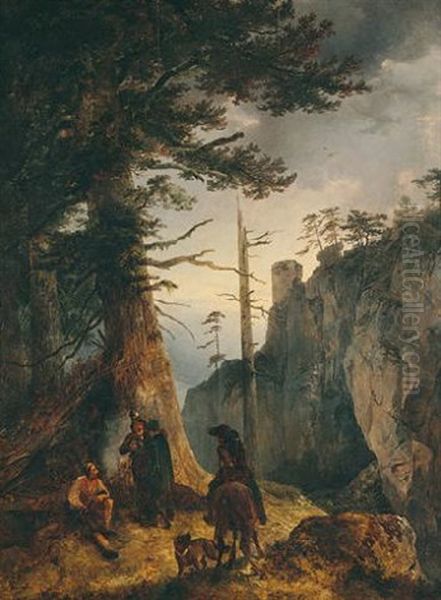 Jager Vor Einer Kohlerhutte Oil Painting by Friedrich Gauermann