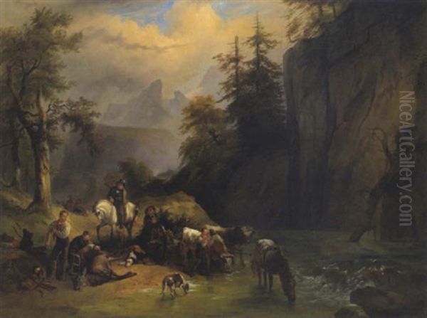 Erlegter Hirsch Wird Aufgeladen, Watzmann Und Die Herrenreinalpe Im Hintergrund Oil Painting by Friedrich Gauermann