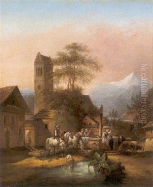 Brunnen In Zell Am See, Freie Seitenverkehrte Oil Painting by Friedrich Gauermann