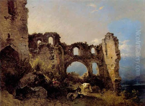 Hirtenrast In Der Ruine Oil Painting by Friedrich Gauermann