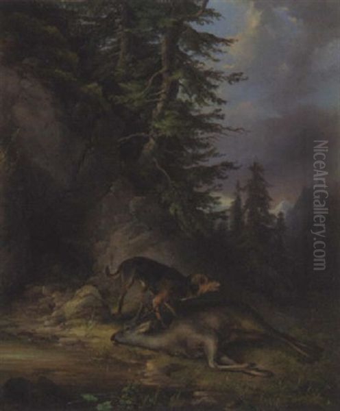 Jagdhund, Der Einen Erlegten Hirsch Verbellt Oil Painting by Friedrich Gauermann