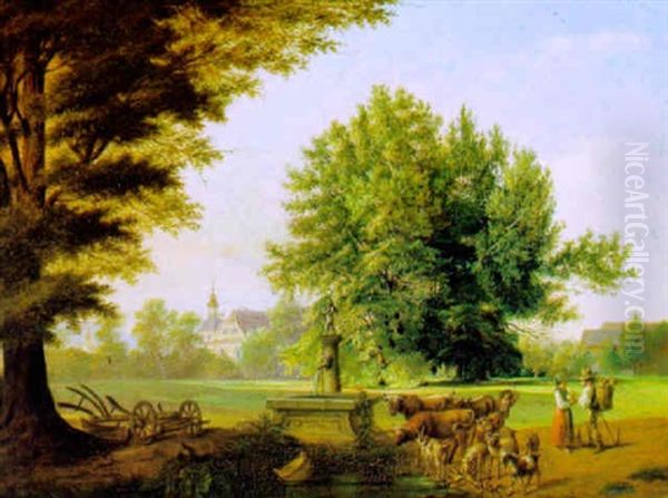 Baumbestandene Landschaft Mit Kirche Im Hintergrund Und Figurlicher Staffage Oil Painting by Friedrich Gauermann