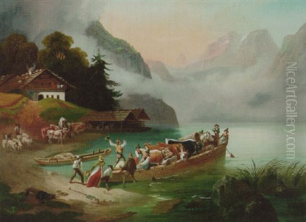 Figures And Cattle In A Boat In An Alpine Lake Landscape Oil Painting by Friedrich Gauermann