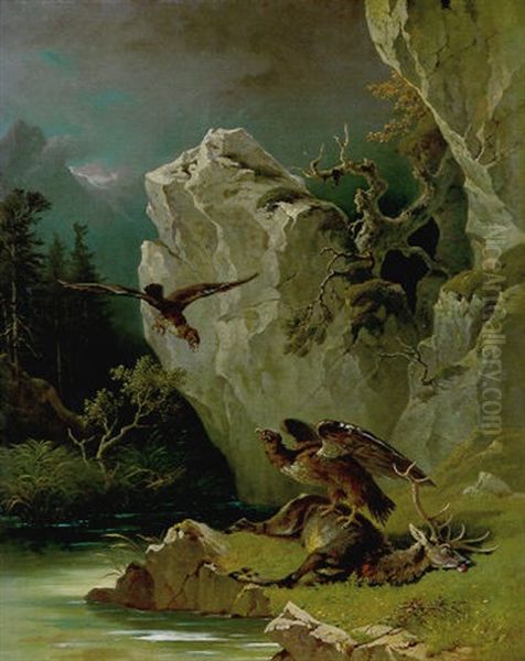 Verendeter Hirsch Mit Steinadlern Oil Painting by Friedrich Gauermann