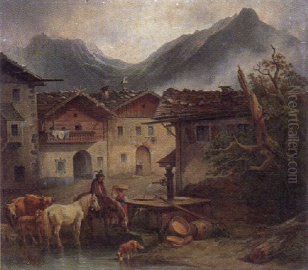 Bauernpaar Mit Vieh Am Dorfbrunnen Oil Painting by Friedrich Gauermann