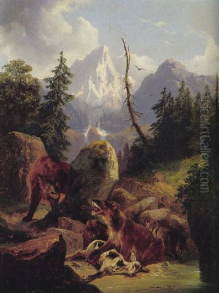 Baren Mit Erlegtem Reh Vor Aufragendem Gebirgsmassiv Oil Painting by Friedrich Gauermann