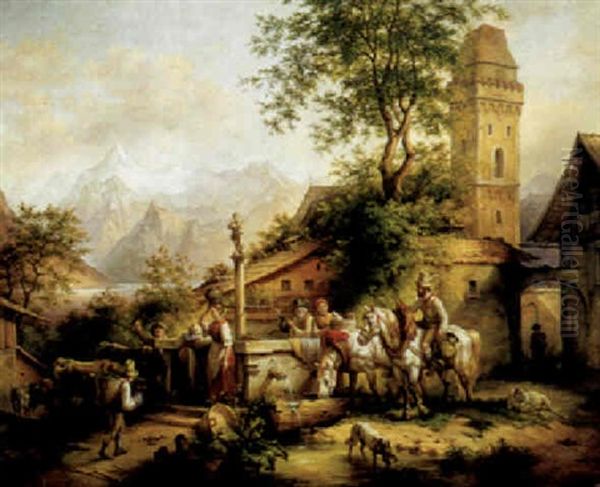 Brunnen Von Zell Am See Oil Painting by Friedrich Gauermann