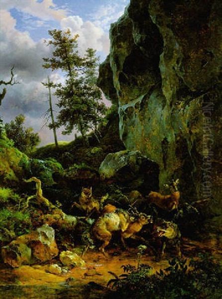 Wolfe, Die Einen Rehbock Reisen Oil Painting by Friedrich Gauermann