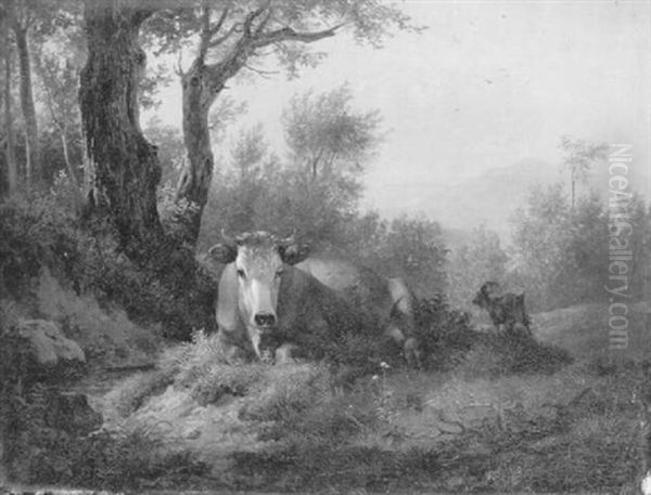 Ruhende Kuh Und Ziegenbock Auf Einer Lichtung Am Waldrand Oil Painting by Friedrich Gauermann