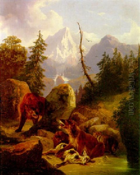 Bears With A Goat In A Mountainous Landscape Oil Painting by Friedrich Gauermann