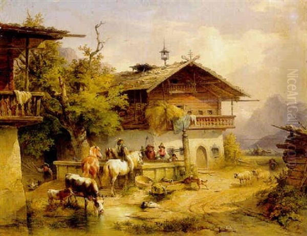 Landscape With Figures And Horses Oil Painting by Friedrich Gauermann