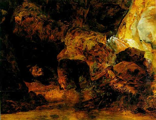 Zwei Baren An Einem Wasserfall Oil Painting by Friedrich Gauermann