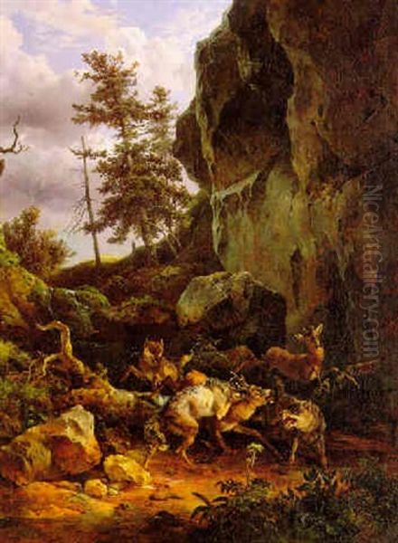 Felsengegend, Uber Eine Umgefallene Buche Setzen Rehe, Welche Von Wolfen Verfolgt Werden (wolves Attacking A Stag In A Rocky Landscape) Oil Painting by Friedrich Gauermann