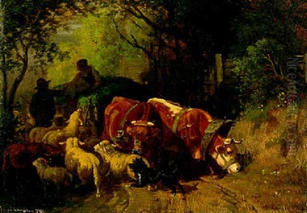 Baeuerin Und Bauer Mit Einem Ochsenwagen, Schafen Und Hund Auf Einem Weg Oil Painting by Friedrich Gauermann