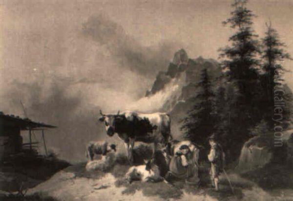 Bauernkinder Mit Kuhen Und Ziegen Im Hochgebirge Oil Painting by Friedrich Gauermann