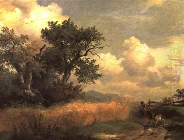 Madchen Mit Zwei Ziegen Am Feldweg Oil Painting by Friedrich Gauermann