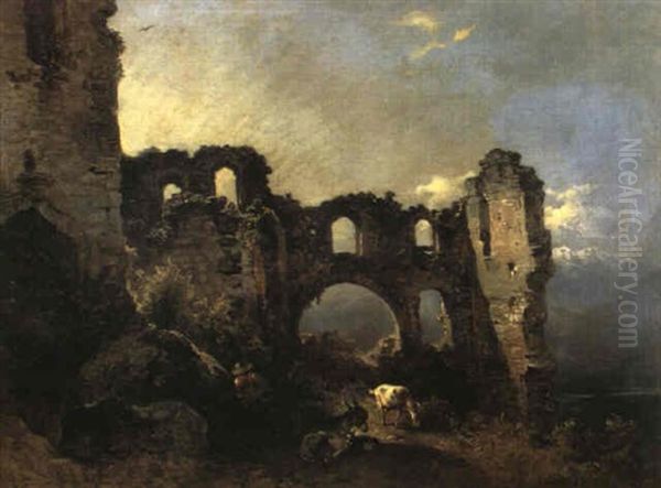 Hirtenrast In Der Ruine Oil Painting by Friedrich Gauermann