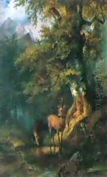 Rehe An Der Tranke Oil Painting by Friedrich Gauermann