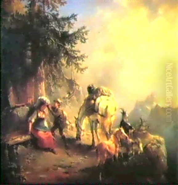 Rast Am Almweg Oil Painting by Friedrich Gauermann