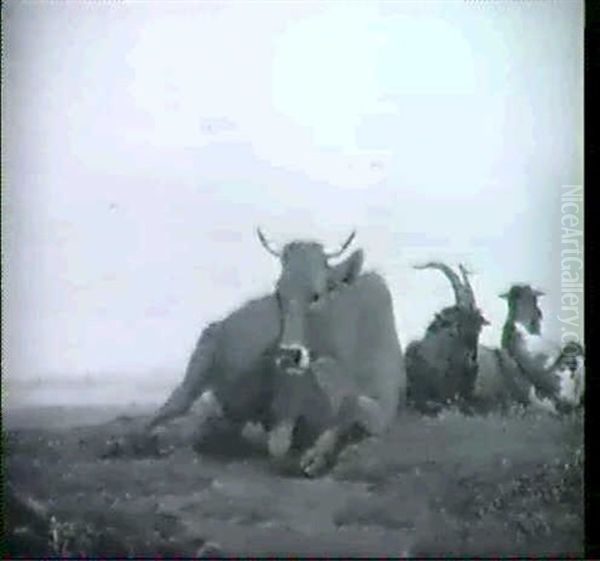 Liegende Tiergruppe In Weiter Landschaft by Friedrich Gauermann