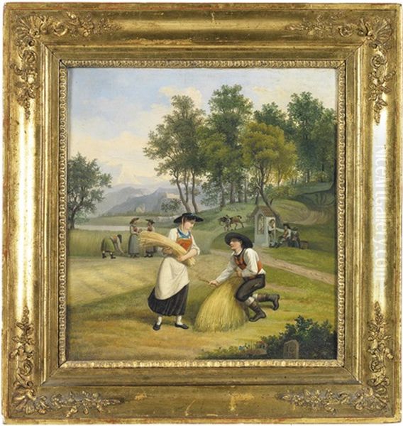 Beim Kornbinden Oil Painting by Jakob Gauermann