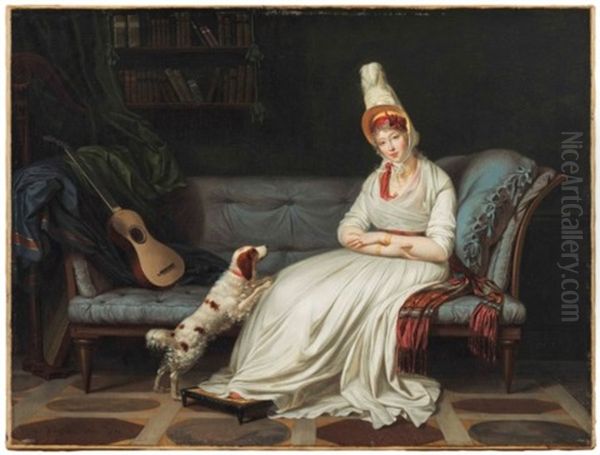 Portrait Of Elizabeth, Lady Webster, Later Lady Holland (1771-1845), Full-length, In A White Dress And Feathered Hat, With Her Spaniel, Pierrot, On A Chaise-longue<br/>, With A Guitar Oil Painting by Louis Gauffier