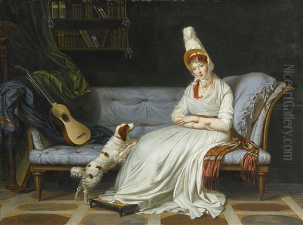 Portrait Of Elizabeth, Lady Webster, Later Lady Holland, Seated Full-length, In A White Dress And Feathered Hat, With Her Spaniel Pierrot, On A 'chaise-longue,' With A Guitar, In An Interior Oil Painting by Louis Gauffier