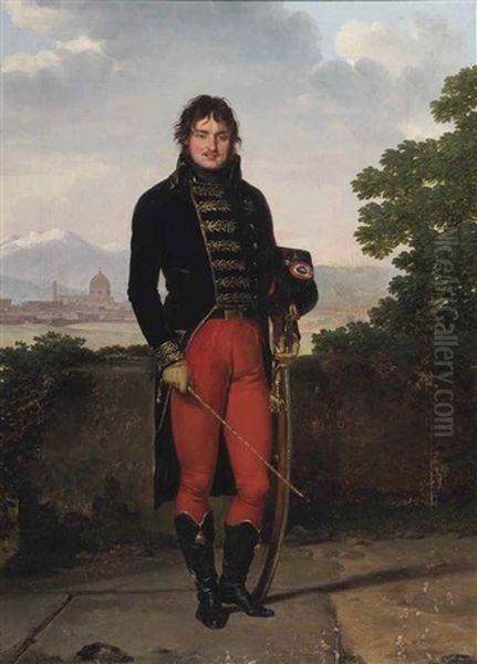 Portrait Of An Officer, Thought To Be General Jean-claude Moreau (1755-1828), Full-length, In Uniform, A View Of Florence Beyond Oil Painting by Louis Gauffier