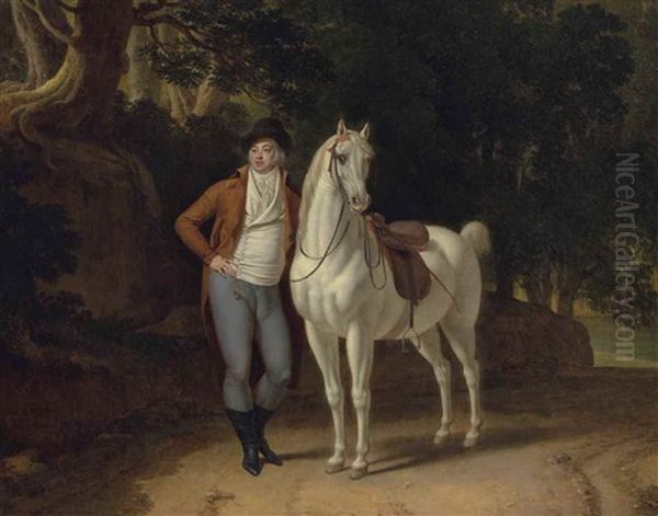 Portrait Of Lourenco Jose Xavier De Lima, 1st Count Of Mafra, Standing Beside A White Horse, On A Track In A Wooded Landscape Oil Painting by Louis Gauffier