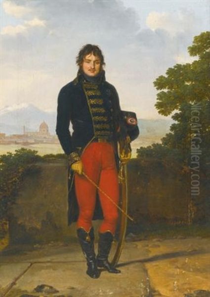 Portrait Of An Officer, Thought To Be General Jean-claude Moreau, Standing Full Length In Uniform On A Terrace, A View Of Florence Beyond Oil Painting by Louis Gauffier