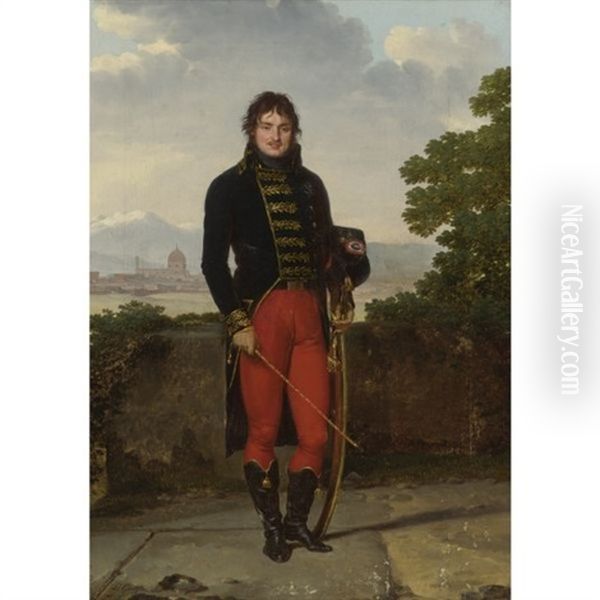 Portrait Of An Officer, General Jean-claude Moreau (?), In Uniform, On A Terrace, A View Of Florence Beyond Oil Painting by Louis Gauffier