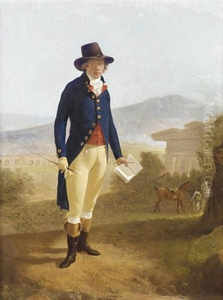 Portrait Of A Young Gentleman In A Dark Blue Coat, Red Waistcoat And Buff Breeches, With A Brown Hat, Holding A Book And A Crop, A Groom With Horses Before A Ruined Temple Oil Painting by Louis Gauffier