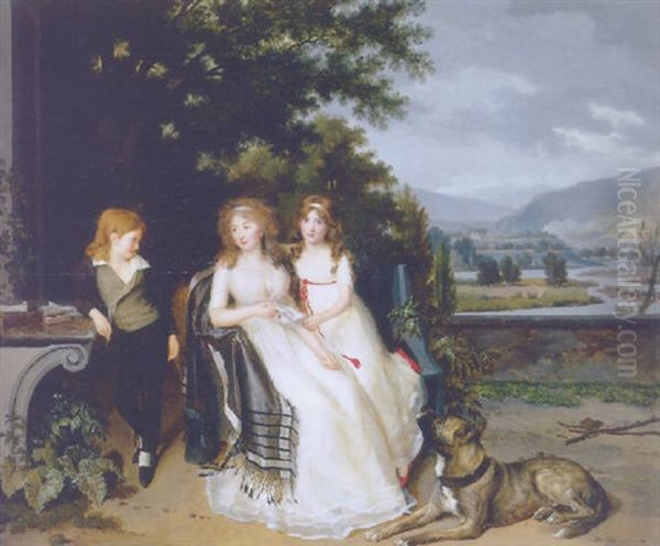 Portrait Of A Lady With Two Children And A Dog On A Terrace, An Extensive River Landscape Beyond Oil Painting by Louis Gauffier