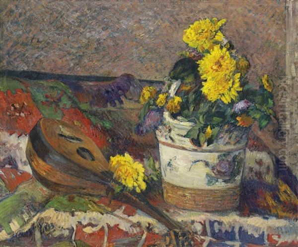 Dahlias Et Mandoline Oil Painting by Paul Gauguin