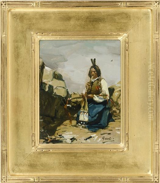 Portrait Of A American Native With Hatchet And Pipe Oil Painting by Gilbert Gaul