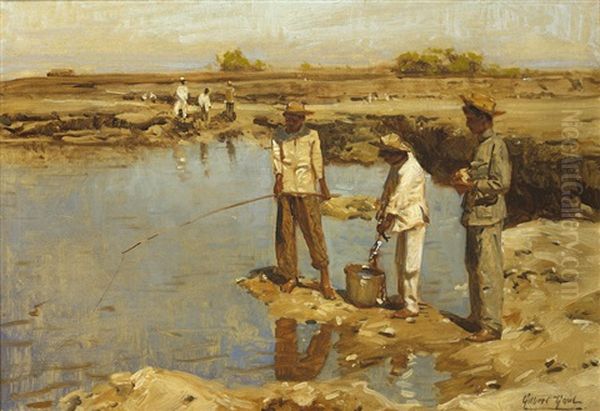 Figures Fishing From The Shore Oil Painting by Gilbert Gaul