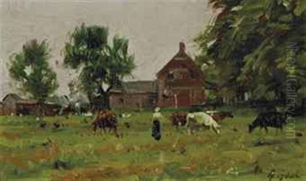 Farm In The Summer With Cows Oil Painting by Gilbert Gaul