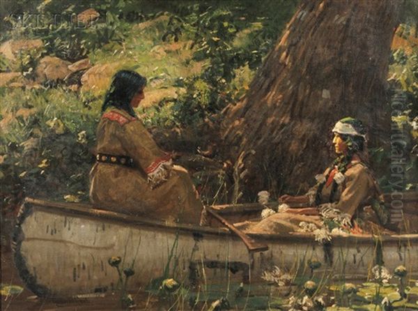 Two Indians In A Canoe, Forest Interior Oil Painting by Gilbert Gaul