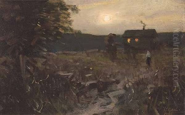 Tennessee Evening - Cabin With Figures Oil Painting by Gilbert Gaul