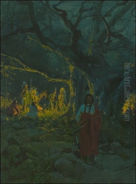 Indians In Firelight Oil Painting by Gilbert Gaul