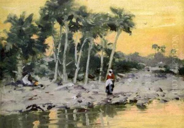 Tropical Sunset Landscape With Figures Oil Painting by Gilbert Gaul