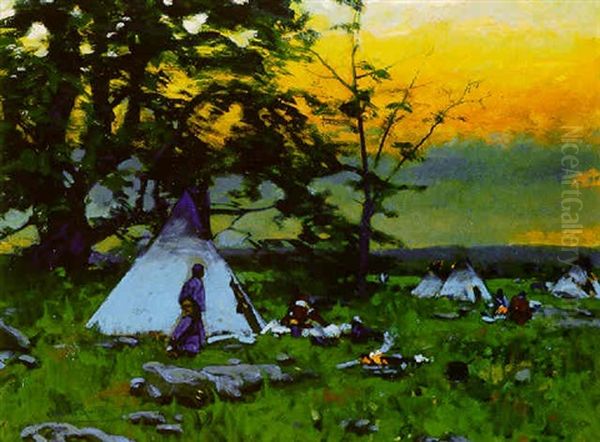 Indian Encampment, Montana Oil Painting by Gilbert Gaul