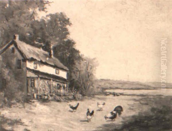 Lakeside Cottage With Chickens In The Grass Oil Painting by Gilbert Gaul