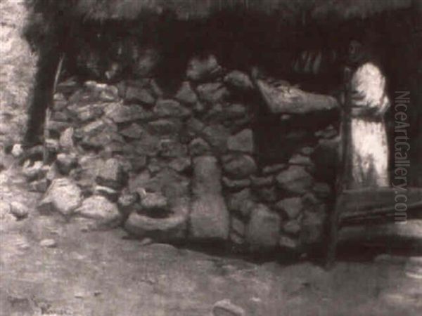 Mexican Peasant In A Stone And Hay Hut Oil Painting by Gilbert Gaul