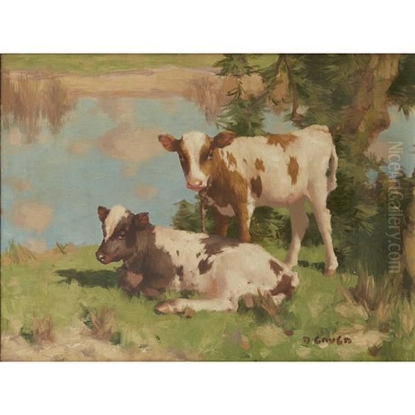 Calves In A Field Oil Painting by David Gauld