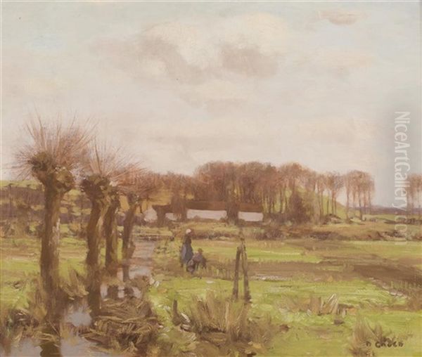 Figures In A Polder Landscape Oil Painting by David Gauld