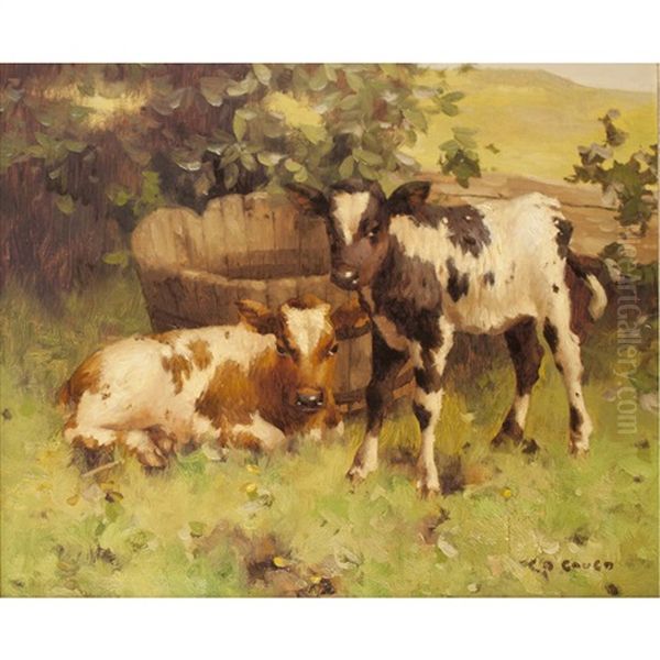 Calves By A Water Butt Oil Painting by David Gauld