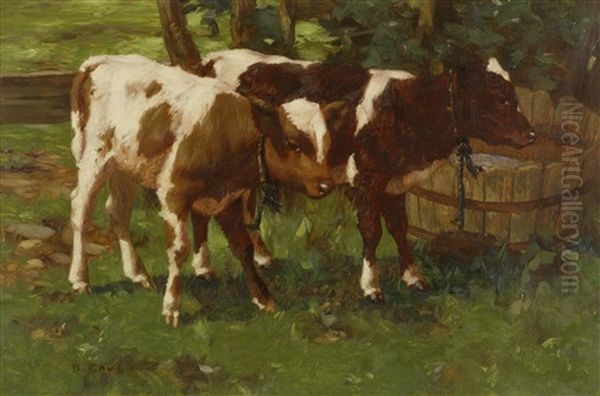 Two Calves Watering Oil Painting by David Gauld