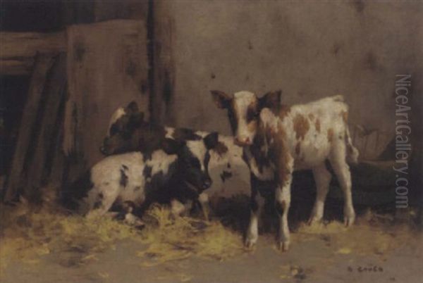 Three Ayrshire Calves Oil Painting by David Gauld